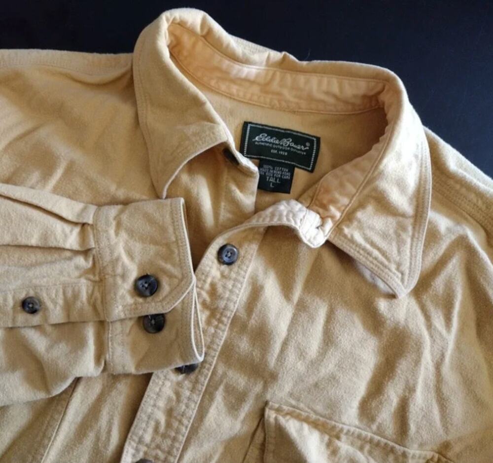 Eddie Bauer Butter Yellow 100% Cotton Chamois Long Sleeve Flannel Large Tall